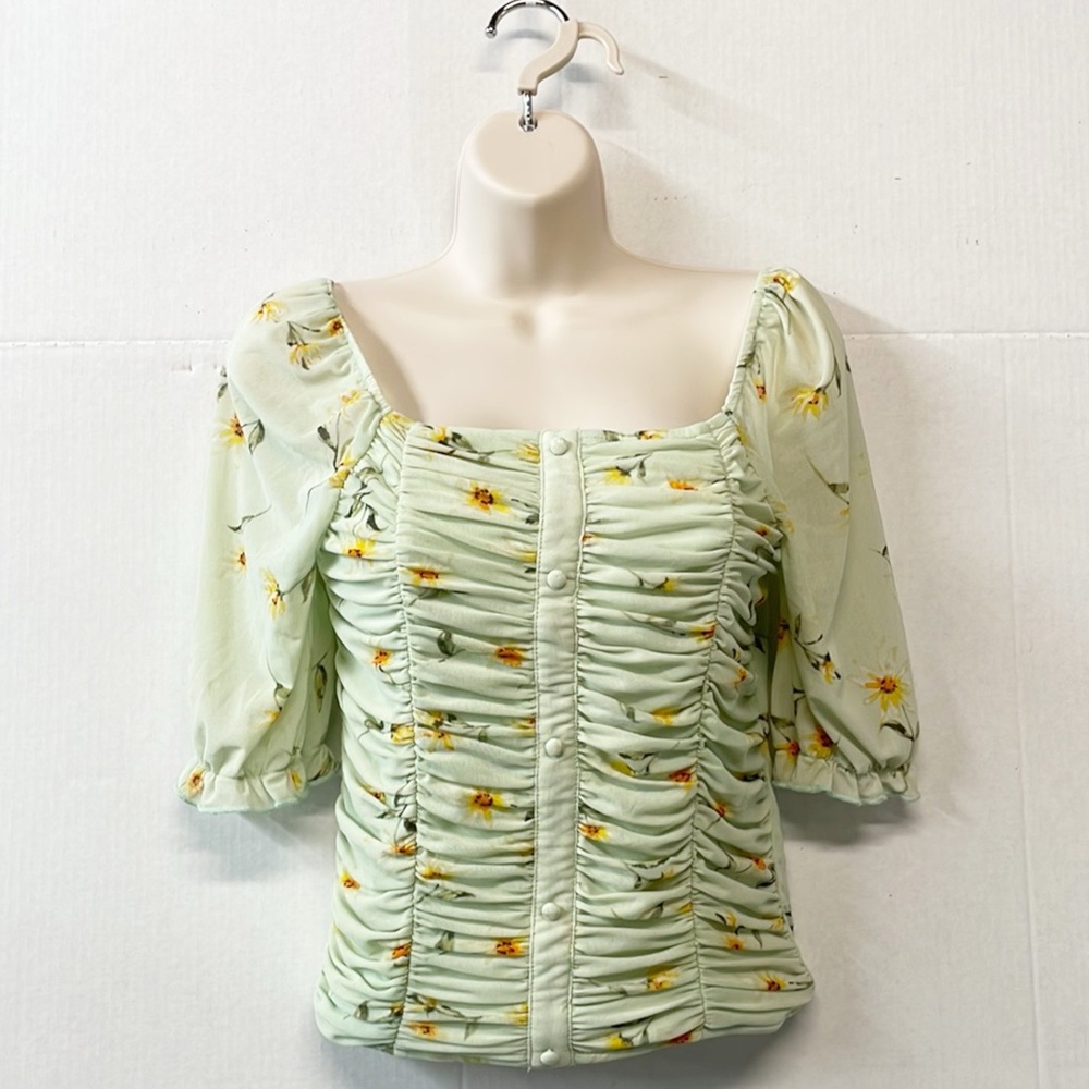 Babydoll Shirred‎ Floral Stretch Blouse Ivy Rose Women XS Popover Puff Sleeve